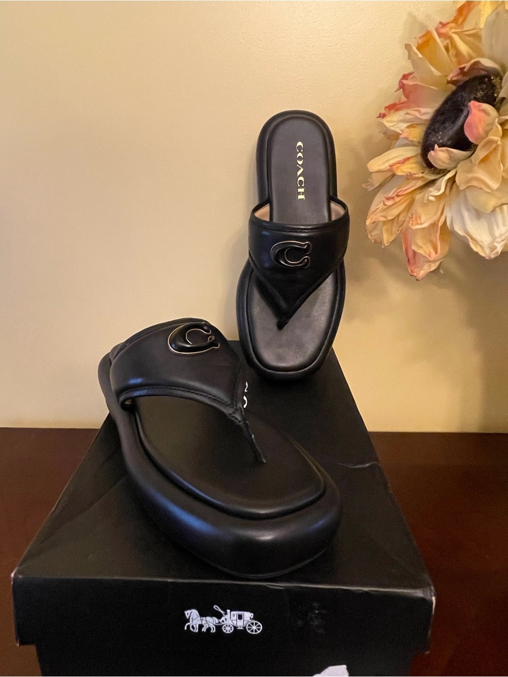 NWT Coach Black Platform Thong Sandals with Gold Logo, size 7.5